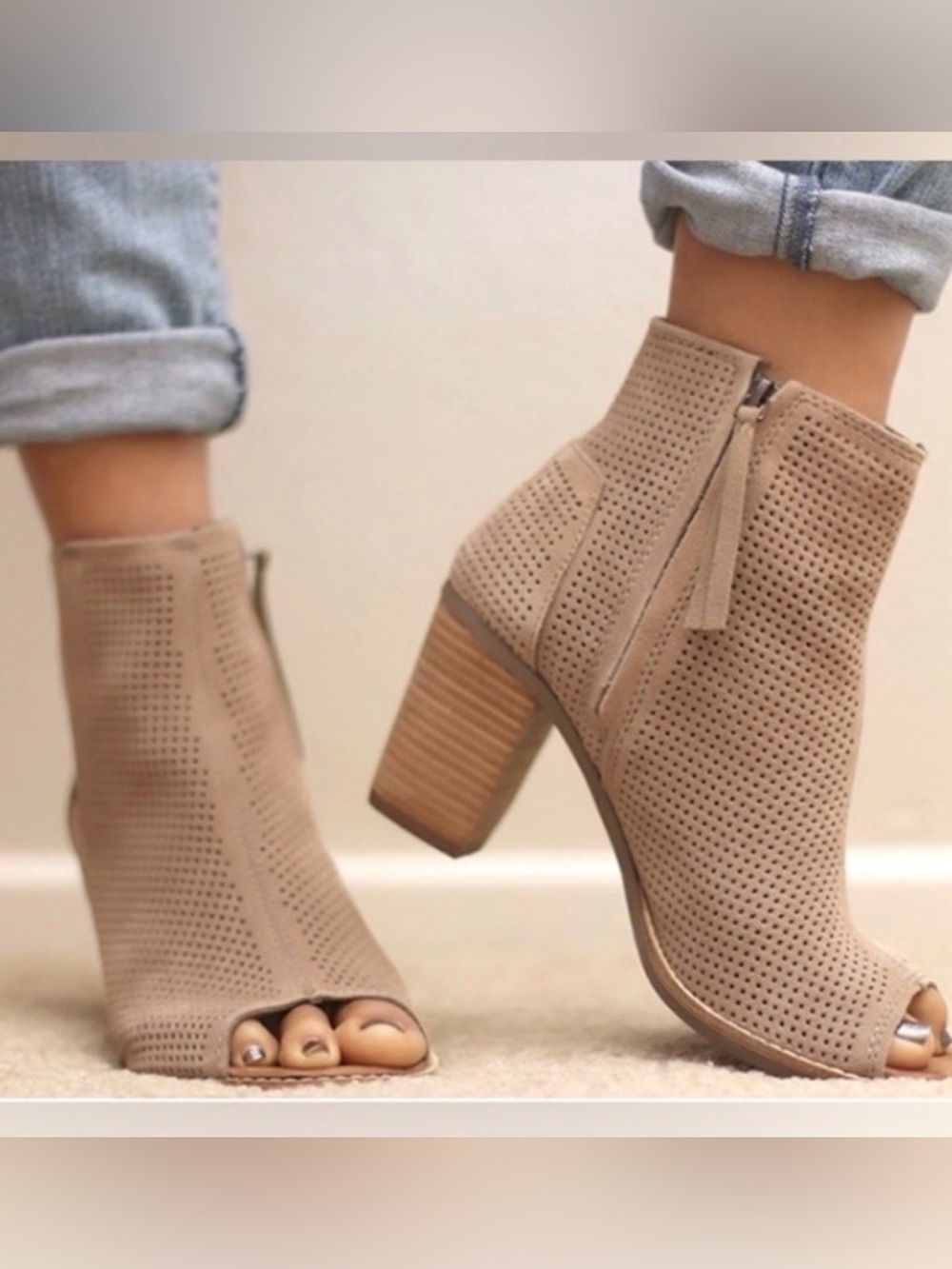 TOMS Majorca Peep Toe Perforated Suede Booties - Desert Taupe in size 8